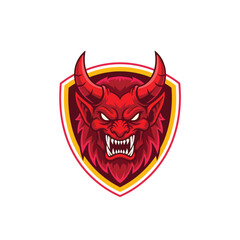 Obraz premium Intense Red Horned Creature Face in Shield Emblem Vector Graphic Art