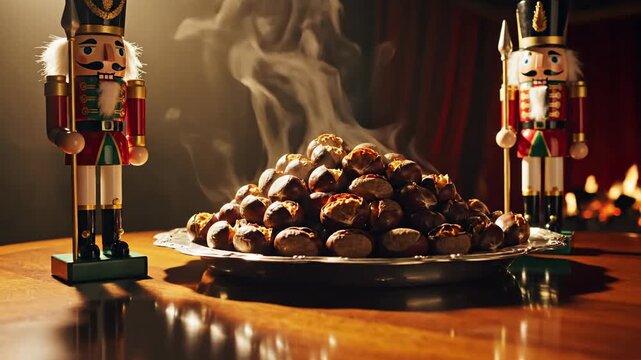 Nutcracker figures guarding a steaming platter of festive roasts on a wooden table with a fireplace background