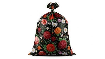Decorative black fabric bag with red and orange flower patterns on white base