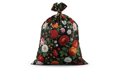Large black fabric laundry bag featuring dense vintage floral pattern isolated