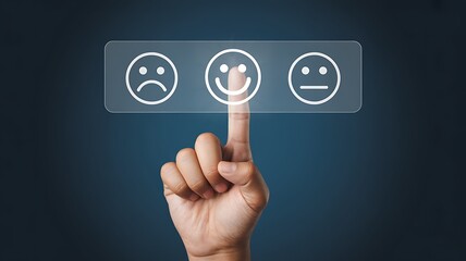 Fototapeta premium A hand pressing a touchscreen displaying three emoticon faces happy sad and neutral on a blue background