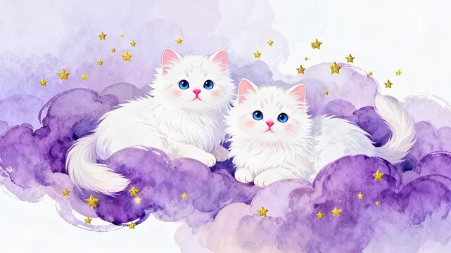 Two fluffy white kittens on purple clouds