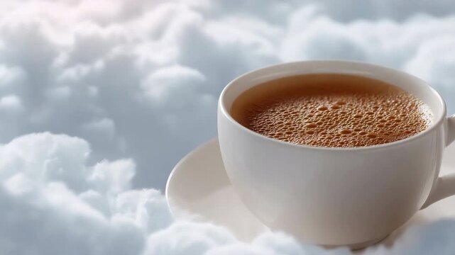 Steaming cup of coffee floating among fluffy clouds in serene sky
