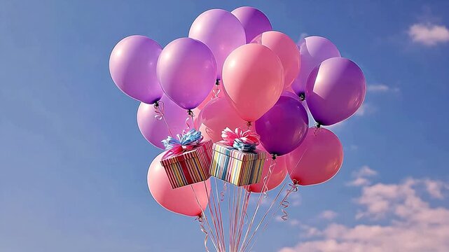 Balloons and gift boxes in sky