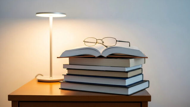 Stack of books and glasses on wooden bedside table with lamp  