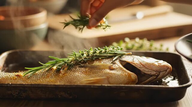 Close up of a hand seasoning a whole roasted fish with fresh rosemary and thyme in a rustic kitchen for a healthy gourmet cooking concept