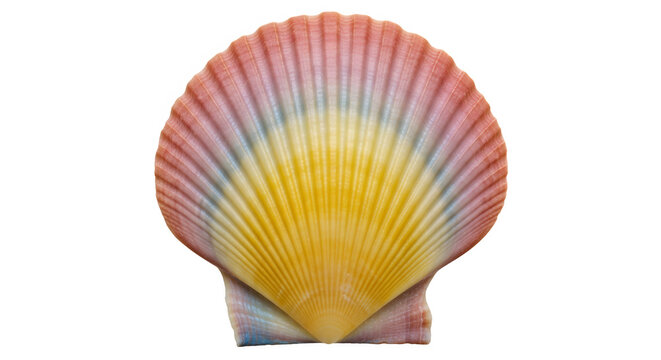A vibrant scallop shell displayed on a stand with a transparent background