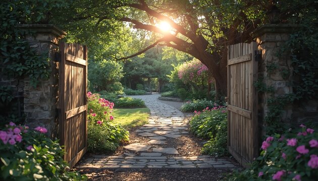 Wooden garden gate stands invitingly open along a stone pathway leading into a lush green paradise illuminated by bright sun flare filtering through large trees
