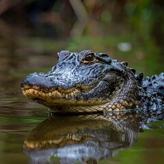 Obraz premium A close-up of a reptile's head in water with green background