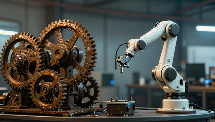 Industrial robotic arm with precision engineering alongside complex mechanical gears in a modern manufacturing setting, showcasing automation and advanced technology in production processes.