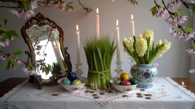 Table setting with Nowruz traditional items including mirror, candles, grass, tulips, and decorated eggs on a white tablecloth with floral patterns