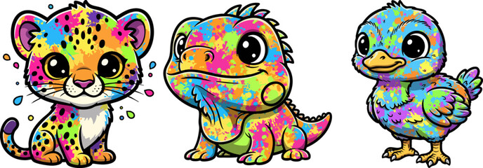 Fototapeta premium Cute Colorful Splash Animals Set: Leopard, Lizard, Duck