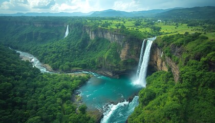 Fototapeta premium Majestic dual waterfalls cascade dramatically into a vibrant turquoise plunge pool surrounded by dense emerald jungle cliffs in a remote tropical landscape.
