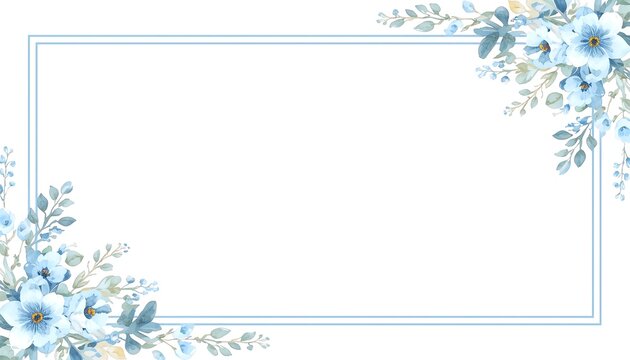 Beautiful watercolor floral border design featuring delicate blue flowers and elegant leaves framing a central white copy space for invitations or announcements