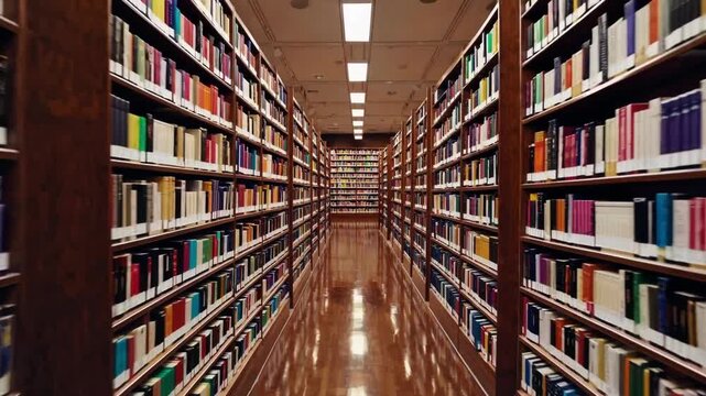 Endless narrow library aisles lined with tall wooden shelves filled with colorful hardcovers and paperbacks, polished floor reflecting fluorescent lights, strong central perspective leading
