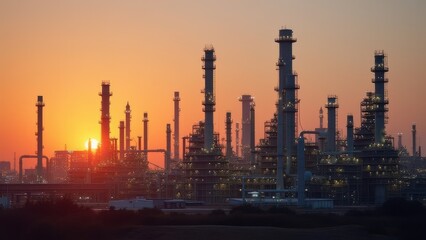 Fototapeta premium Large Oil Refinery and Petrochemical Plant with Industrial Equipment at Sunset