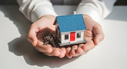 Hands holding a small house model with coins