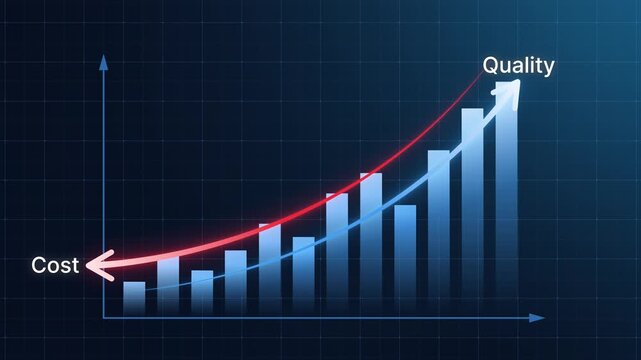Quality control and cost reduction concept. Blue bar chart with line arrow quality increase and falling cost. Successful business strategy, efficiency, product optimization and planning management 