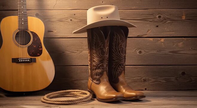 Acoustic guitar and cowboy boots next to a hat with rope and wooden wall backdrop country western theme warm lighting rustic textures