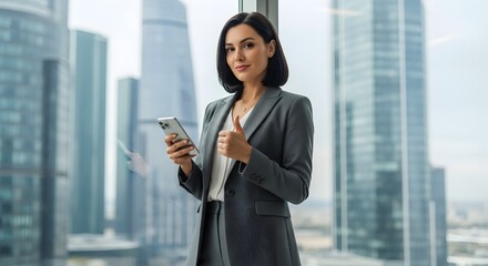 Fototapeta premium Confident businesswoman with smartphone gives thumbs up near window