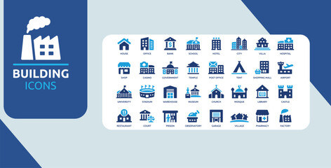 Building and Architecture Icon Set Blue City House Office School Hospital Airport Landmark Symbols © Pixora Creative