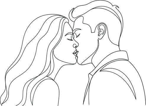 Minimal Line Art Illustration of a Romantic Couple Kissing Face to Face