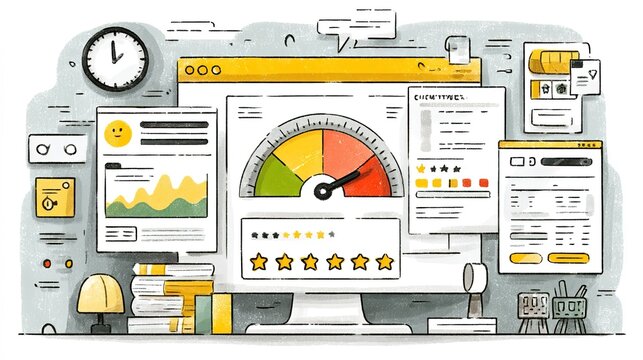 Handdrawn Detailed Monitor Display Dashboard with Data and Statistics Icon Illustration