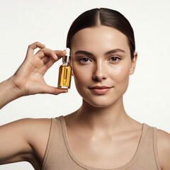 Beautiful Woman Holding Face Serum Dropper Bottle, Cut-out Background Removal