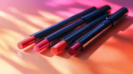 Naklejka premium perspective view of beauty product lipsticks set on light peach surface with makeup brush