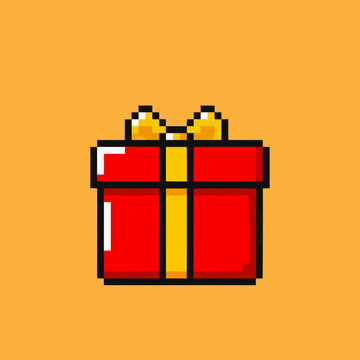 pixel art red gift box with a vibrant yellow ribbon and bow for holiday celebrations.