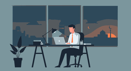 Fototapeta premium Man working late at office desk.