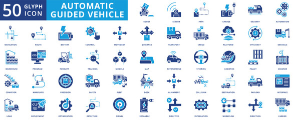 automatic guided vehicle icon pack flat contains robot, sensor, path, charge, delivery, automation, navigation, conveyor, efficiency, obstacle, control, movement, guidance, autonomous, driver, ai