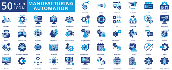 manufacturing and automation icon pack flat contains robotics, circuit, line, process, mechatronics, machine learning, plc, workflow, operation, production, optimization, maintenance, efficiency