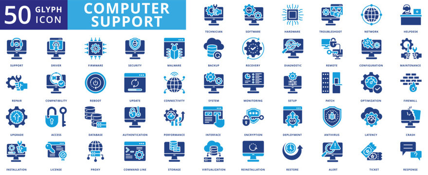 computer support icon pack flat contains technician, software, hardware, troubleshoot, network, helpdesk, repair, upgrade, installation, maintenance, recovery, backup, security, setup, antivirus