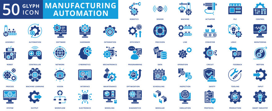 manufacturing and automation icon pack flat contains robotics, circuit, line, process, mechatronics, machine learning, plc, workflow, operation, production, optimization, maintenance, efficiency