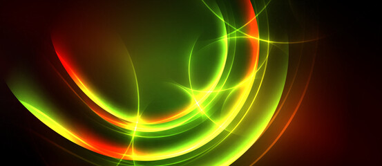 Abstract vibrant swirls, luminous curves, dynamic energy. Green, yellow, red hues blend into dark background. Modern design.