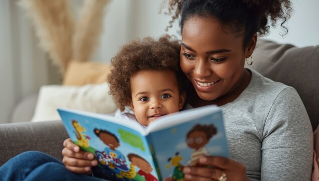 A Black woman babysitter read to a young girl
