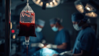 A blood bag suspended from a pole is administered to a cesarean patient in the hospital