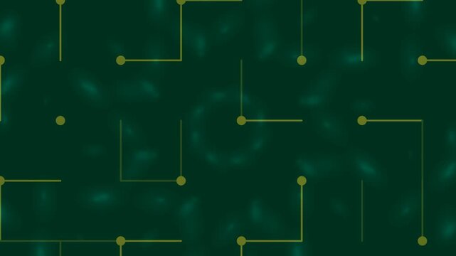 A dark green background with a pattern of interconnected yellow lines and dots