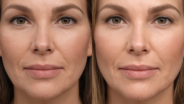 A detailed image of a woman before and after facial rejuvenation, including chin reshaping, neck liposuction, and fillers in the cheeks and chin. Outcome of the treatment in