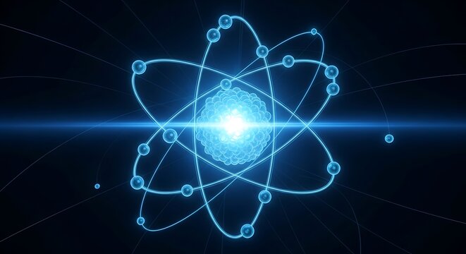 Detailed blue atomic model with bright nucleus and orbiting particles against dark background