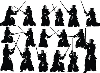 Dynamic silhouettes of Kendo practitioners in protective gear sparring and practicing sword fighting techniques, isolated