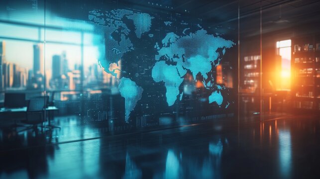 Multi exposure of abstract graphic world map hologram on a modern furnished office interior background, connection and communication concept