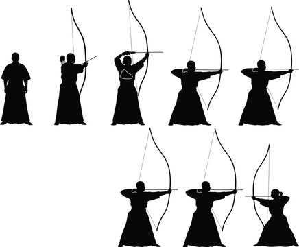 Japanese archery (Kyudo) stances: Ashibumi to Zanshin, illustrated as silhouettes of archers with bows and arrows, depicting the steps of the shot