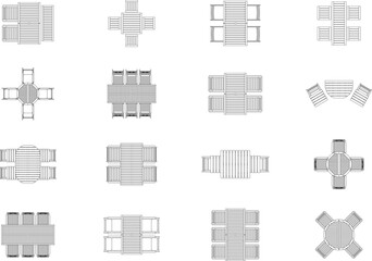 Outdoor seating layout, seating arrangement, floor plan, furniture layout, seat plan, dining table, restaurant, lounge, garden, outdoor, architectural, blueprint, top view, symbol, editable stroke © Hasan