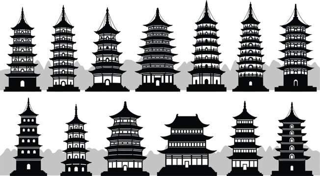 Collection of traditional Chinese pagoda towers and pagodas in silhouette against a mountainous landscape.
