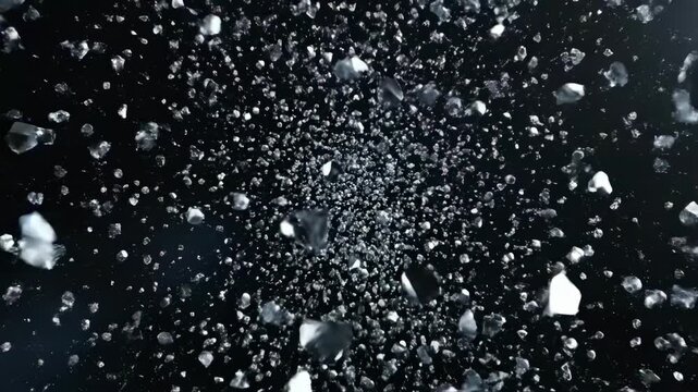 Scattered ice fragments and snowflakes on a black background.