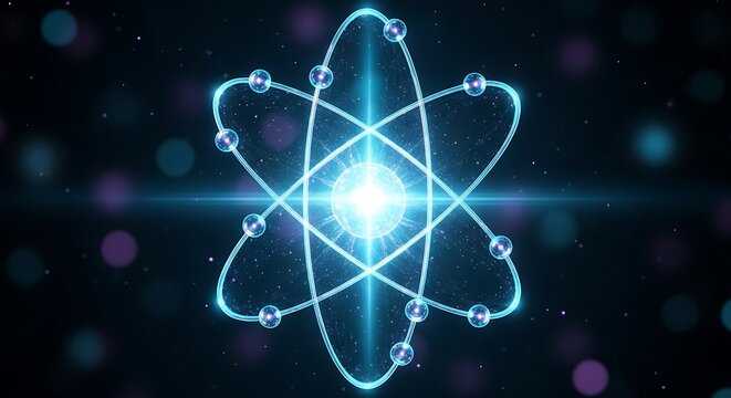 Stylized atomic structure with glowing nucleus and colorful orbiting electrons on dark background