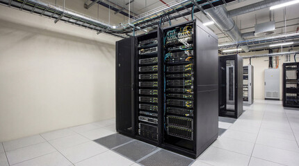 Construction technology systems in a modern building environment with network servers and equipment