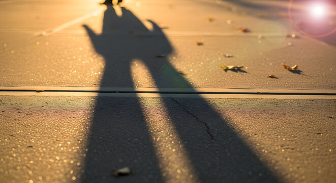 Close up perspective of a silhouette shadow cast on a textured asphalt ground with scattered autumn leaves and warm lens flare highlights